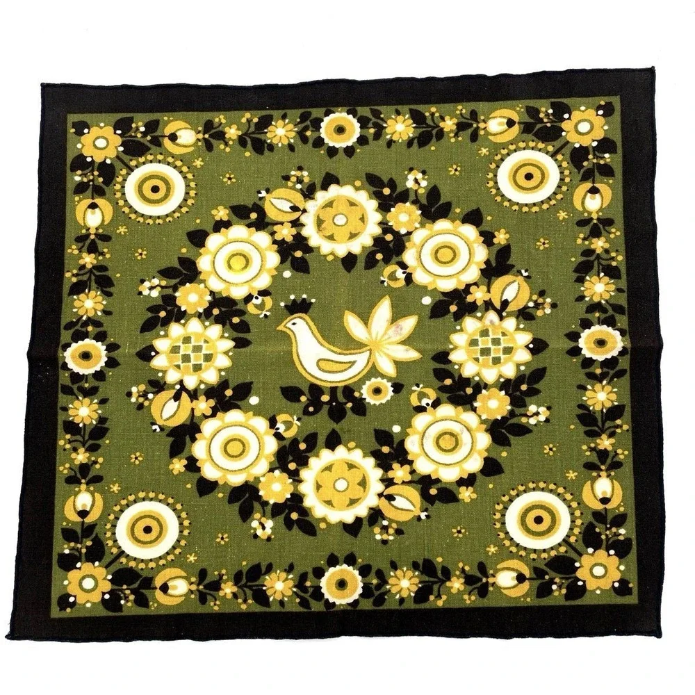 Vintage Mid Century Scandinavian Folk Art Floral Bird Linen Tea Towel